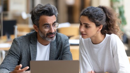 professional indian teacher executive or mentor helping latin student new employee teaching intern explaining online job using laptop computer talking having teamwork discussion in office no logos no