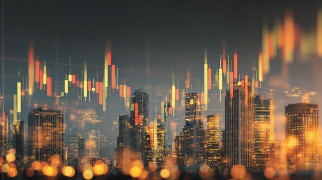 real estate investing concept with digital stock market candlestick on business skyscrapers background double exposure no logos no brands ar 169 - Powered by Adobe