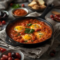 Delicious shakshuka with vibrant tomatoes, eggs, and herbs - a tempting Mediterranean breakfast or brunch, perfect for food blogs and culinary projects