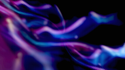Dark abstract background with flowing purple and blue light lines and soft blurred neon wave effect