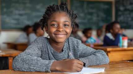 smiling african girl sitting at desk in class room and looking at camera portrait of young black schoolgirl studying with classmates in background happy smiling pupil writing on notebook  no logos no