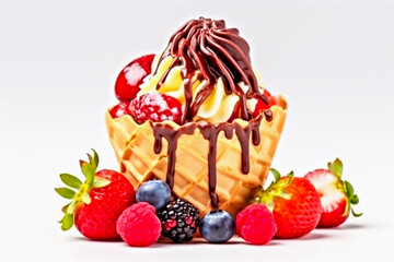 Delicious ice cream cone filled with creamy vanilla ice cream, drizzled with rich chocolate sauce, surrounded by fresh strawberries, raspberries, and blueberries, creating vibrant dessert scene