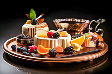 Assorted gourmet desserts elegantly arranged on copper tray, featuring creamy textures, vibrant fruits, and intricate details, creating visually appealing and indulgent dessert display. Ice cream