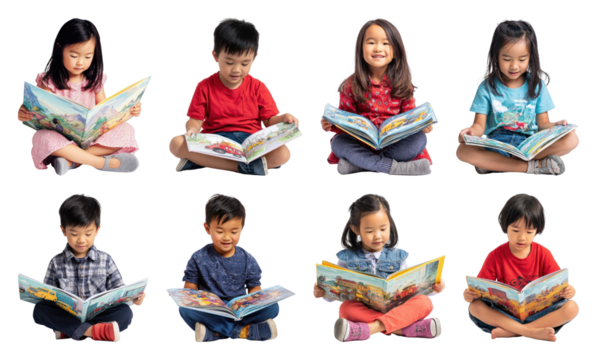 PNG Children reading colorful books happily, element set on transparent background