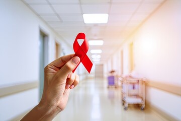 Hand holding red awareness ribbon in hospital corridor symbolizing health awareness and support.