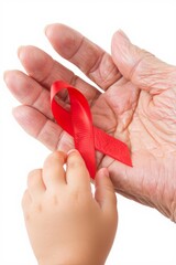 An elderly hand holds a red ribbon while a small child's hand reaches towards it. The scene symbolizes awareness and support for health causes.