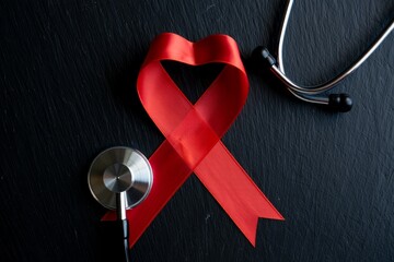 A red awareness ribbon placed next to a stethoscope on a dark surface. The scene symbolizes health awareness and support for various causes.