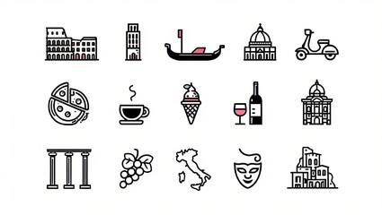 A collection of iconic Italian symbols including a pizza, coffee, gelato, wine, gondola, and famous landmarks like the Colosseum and Leaning Tower of Pisa. © dasha122007