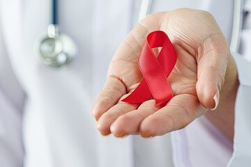 A healthcare professional holds a red ribbon symbolizing awareness for HIV/AIDS. The person is wearing a white coat and has a stethoscope around their neck.