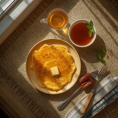 Golden pancakes with melting butter, sweet dates, and herbal tea create a cozy, inviting brunch scene perfect for food blogs and breakfast promotions.