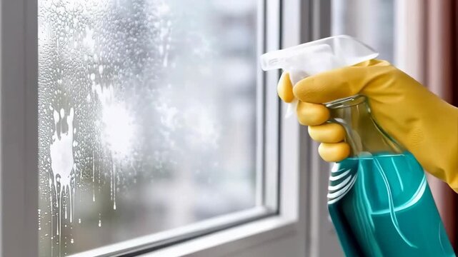 A close-up view of a hand in a yellow glove spraying blue cleaning solution on a window, creating foam for spotless cleaning.