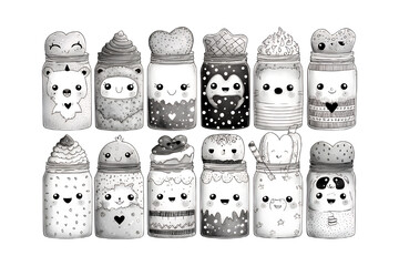 Collection of cute adorable kawaii food jars with happy faces and charming designs presented as a delightful assortment isolated on transparent background