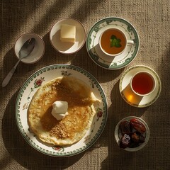 Enjoy a delicious pancake breakfast with tea and dates in the warm morning light, perfect for a cozy start to your day or a relaxed weekend brunch