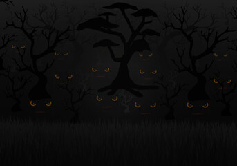 Scary eyes in a dark forest, vector art illustration of Halloween.