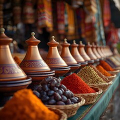 Vibrant spices and tajines at a Moroccan market create an exotic and flavorful culinary experience, perfect for travel blogs and food-related publications
