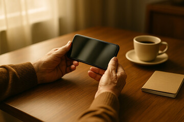 Elderly person holding smartphone at wooden table with coffee cup and notebook. Warm light, home atmosphere, digital lifestyle and communication.