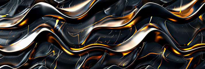 Black and gold metallic waves with fluid, glossy texture creating dynamic abstract pattern. Concept luxury, elegance and futuristic design. Black and gold metallic waves emphasizing modern aesthetics