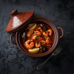 Savor succulent shrimp and mussels simmered in rich tomato sauce, garnished with vibrant lemon and fresh parsley, presented elegantly in a rustic tagine for an unforgettable culinary experience.