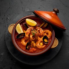 Savor the richness of succulent shrimp and mussels in a vibrant tomato broth, garnished with fresh lemon and herbs, a culinary masterpiece.