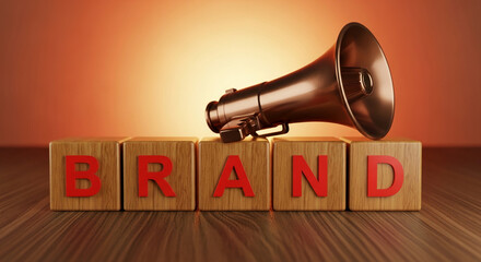 Metallic megaphone on wood blocks showing the word "BRAND". Represents marketing, communication, message. Free space for logo or text on wood floor.