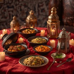 Elegant Middle Eastern feast spread with warm candlelight and ornate lanterns creates a magical, inviting atmosphere for festive gatherings and culinary inspiration.