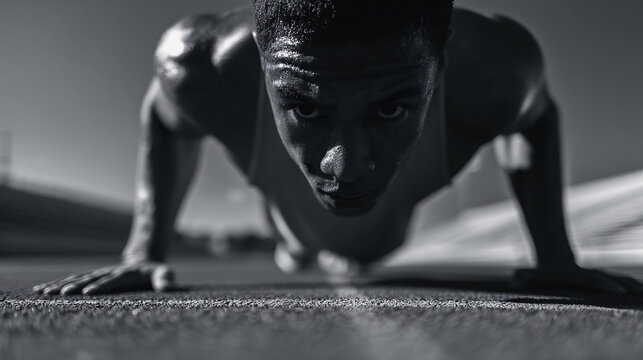 Determined athlete performing push-up, exercising for strength and fitness