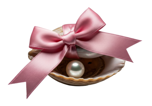Extreme macro of a pearlescent seashell with iridescent nacre, pink satin bow, lustrous pearl, on transparent, chiaroscuro. Concept of luxury and preciousness