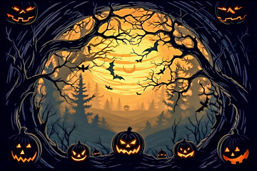 Halloween. Spooky Halloween illustration showcases carved pumpkins with glowing faces, surrounded by bats flying in dark forest, creating an eerie atmosphere with haunting sunset in background