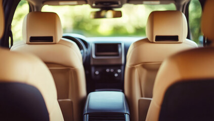 Empty cream leather car seats await passengers, offering comfort and style for an enjoyable journey