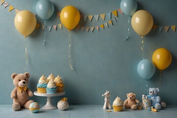 Baby birthday party setup with cupcakes balloons and toys