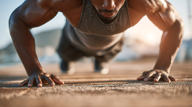 Determined man doing push-ups outside, building strength and staying fit