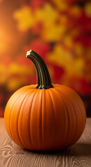 Bright orange pumpkin on wooden surface against autumnal foliage backdrop, embodying harvest, abundance, and traditional fall season decor