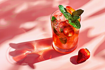 Refreshing cocktail or mocktail featuring strawberries and mint leaves in glass with ice, beautifully presented on soft pink background, creating vibrant and inviting atmosphere. Strawberry cocktail