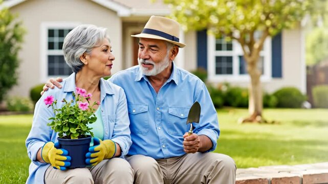 Woman with grey hair and man with beard wearing hat smiling and gardening, holding potted plant and trowel outdoors in front of house. Happy retirement lifestyle and home gardening with copy space