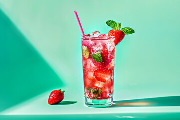 Refreshing strawberry mojito cocktail or mocktail served in tall glass, garnished with fresh mint leaves and ice cubes, set against vibrant turquoise background, perfect for summer enjoyment