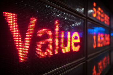 Obraz premium The word 'Value' displayed on a laptop screen over a financial candlestick chart, symbolizing stock evaluation, market dynamics, and investment analysis.