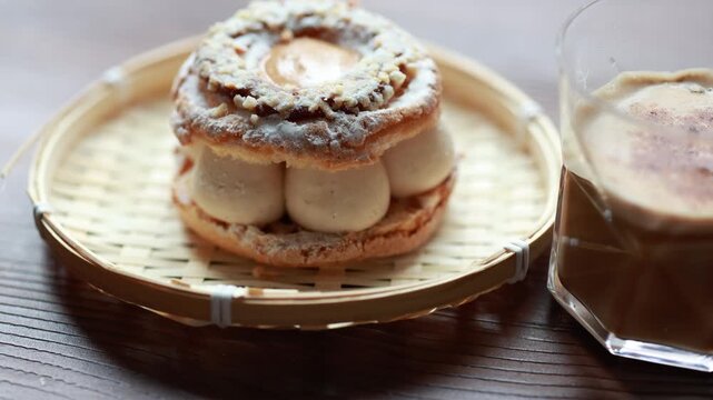 Close-Up of Pistachio and Pumpkin Christmas Paris-Brest Dessert