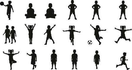 Children silhouette poses, playing running jumping sitting actions, childhood activity reference, sports and movement study, flat vector, cad drawing illustration