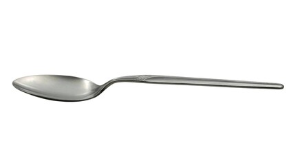 Photo of a sleek stainless steel tablespoon with polished finish and curved handle, isolated on white background.
