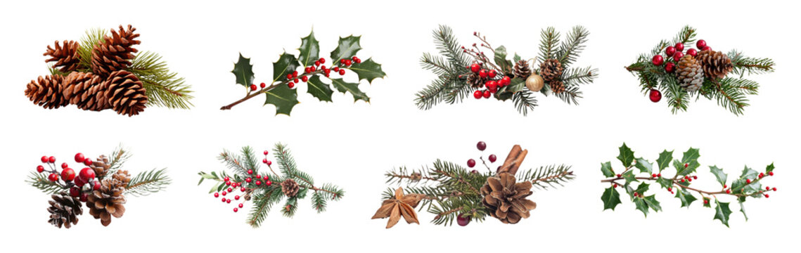 PNG Festive pine cone arrangements holiday, element set on transparent background