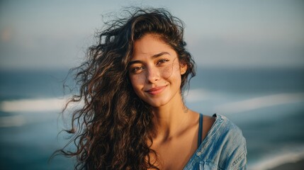 portrait of young woman at sea looking at camera smiling latin hispanic girl standing at the beach with copy space and looking at camera happy mixed race girl in casual outfit with wind in her hair n