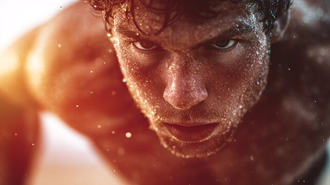 Intense athlete performing strenuous workout showing focus, determination, and effort