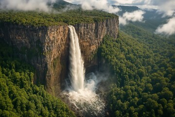 Majestic Waterfall Cascading Over Cliffs Surrounded by Lush Green Forest
