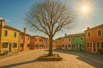 Colorful Italian Village Square with a Central Bare Tree Under a Bright Sun