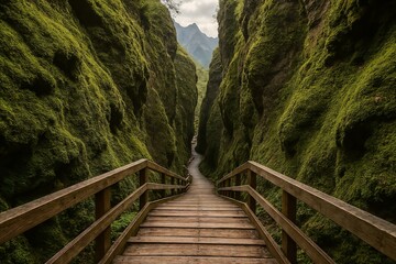 Serene Wooden Path Through Lush Green Canyon with Dramatic Rock Formations