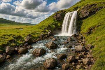 Majestic Waterfall Surrounded by Lush Green Landscape and Rocky Riverbed