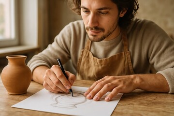 Artistic Male Potter Sketching a Ceramic Vase Design in a Cozy Studio Environment