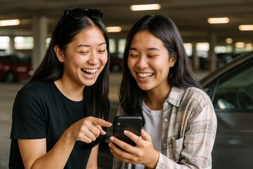 Two Young Women Laughing Together While Using a Smartphone in a Parking Garage
