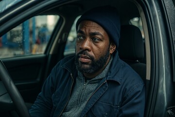 Contemplative Man Sitting in a Car with a Thoughtful Expression