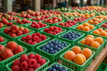 Colorful Display of Fresh Berries and Fruits in Green Baskets at Market